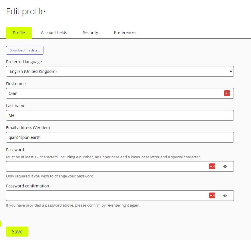 screenshot of your Profile page where you can change your password.