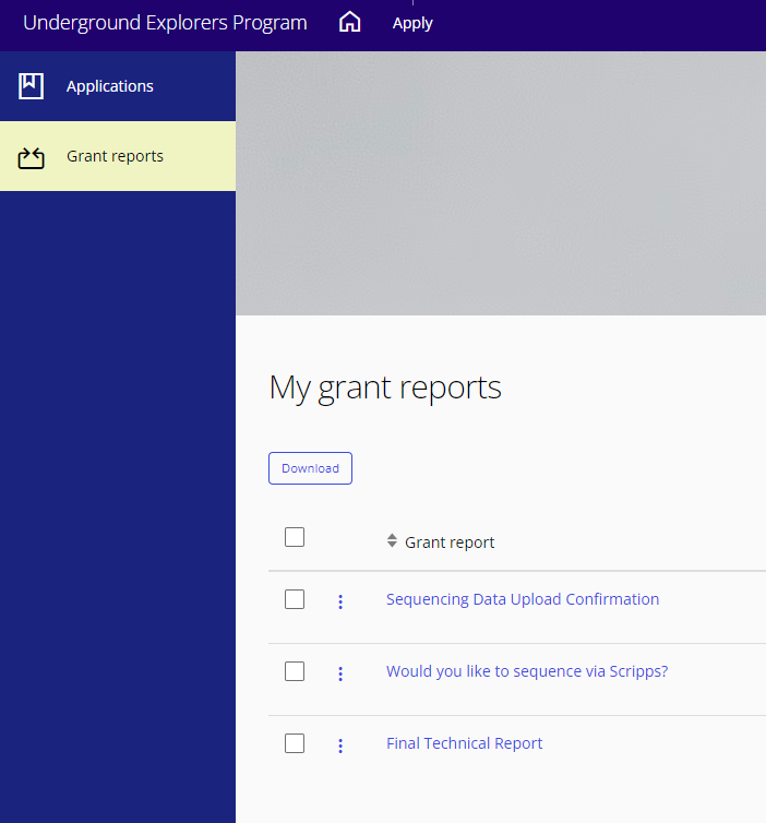 screenshot showing the Grant reports tab in the sidebar menu, which you should click on to access the grant reports which you have to complete